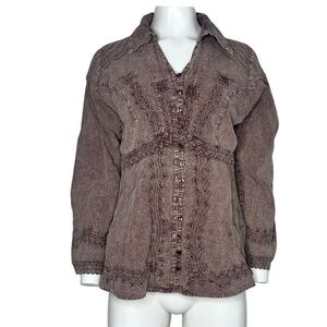 Inca Cottons Brown Washed Embroidered Button-Up Shirt size L